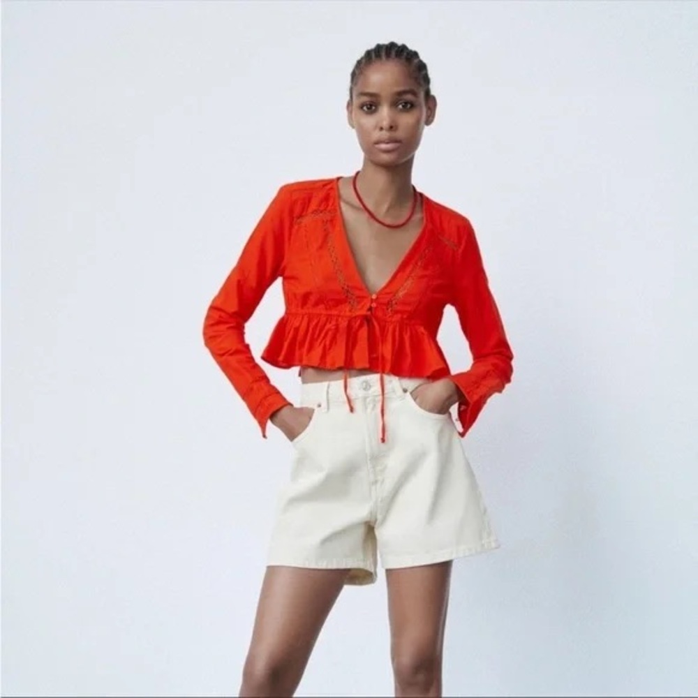 Zara Red Long Sleeve Crop Top Size M